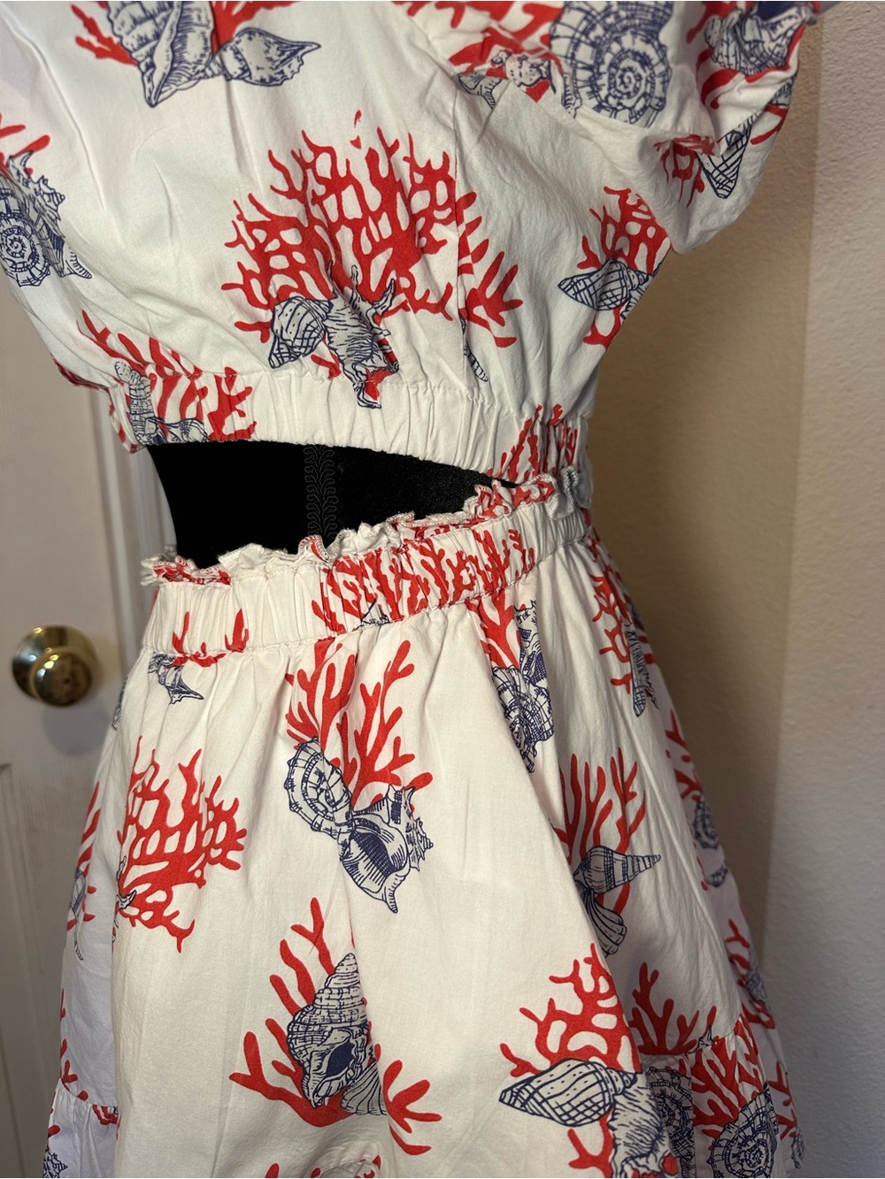 Anthropologie Priya Israni Coral Seashell Puff Sleeve Cutout Mini Dress S - Picture 8 of 14